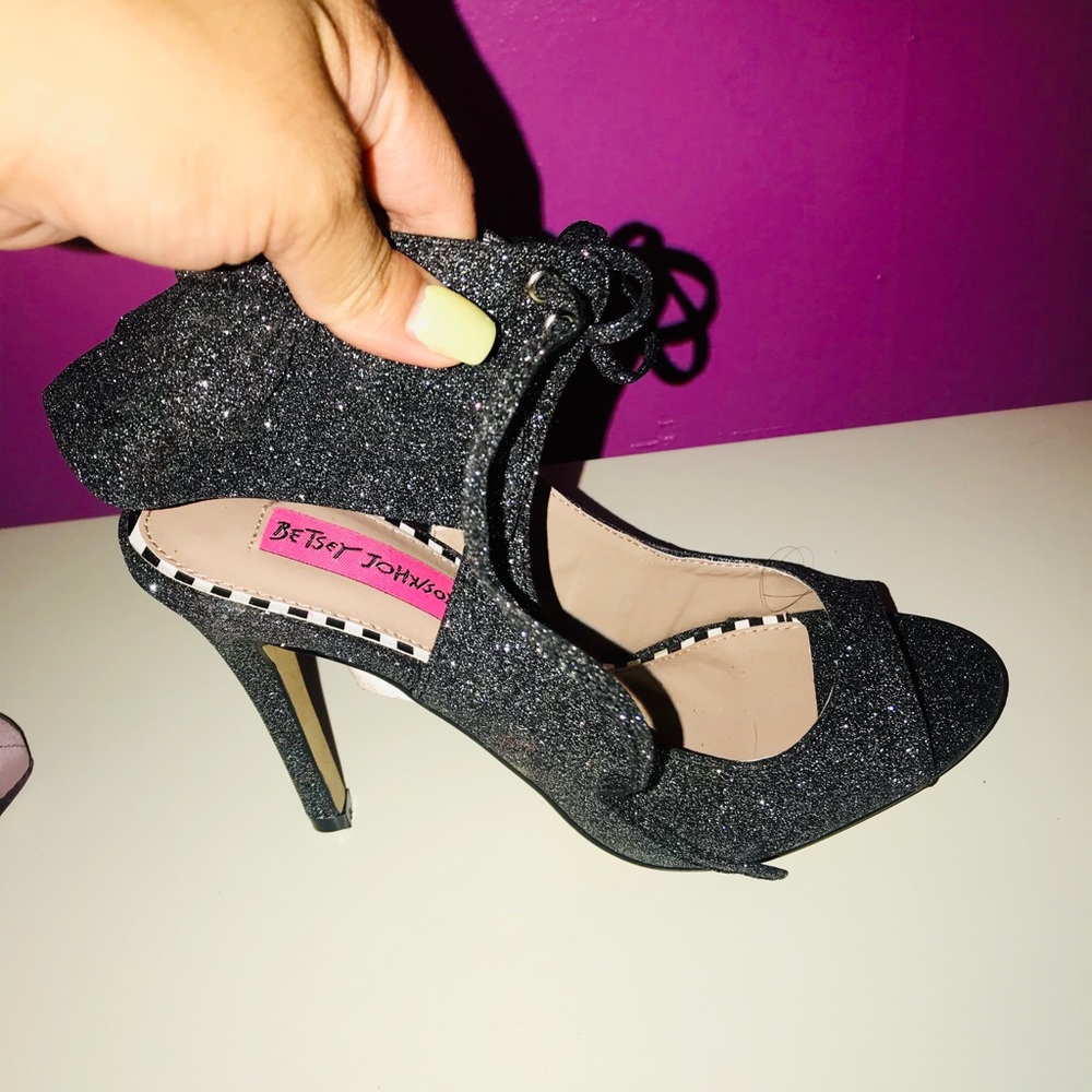 Betsey Johnson Lace Up Ruffle Black Glitter Heels